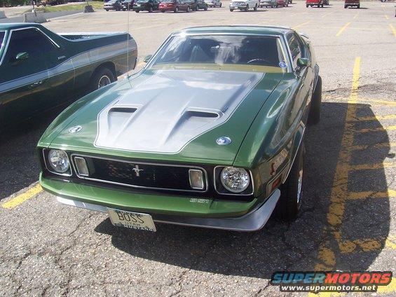 Green 1973 Ford Mustang Boss 351 parked next to a green pickup truck