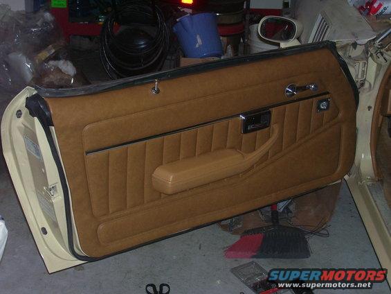 Tan interior door panel with vertical stitching and armrest