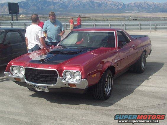 1972 Ford Ranchero with black hood scoop and red paint