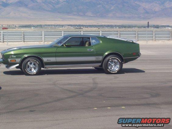 Green 1971 Ford Mustang Mach 1 side view with silver stripe