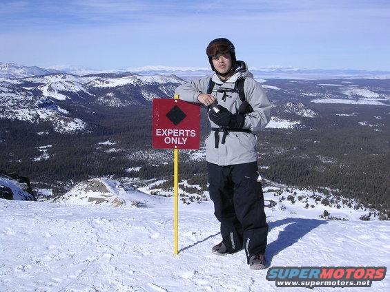 Skier by 'Experts Only' sign on snowy mountain