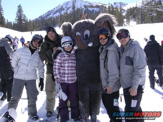 Group of friends in ski clothes posing with an elephant mascot on a snowy mountain