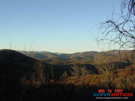 Mountain range under a clear blue sky, with bare trees in the foreground