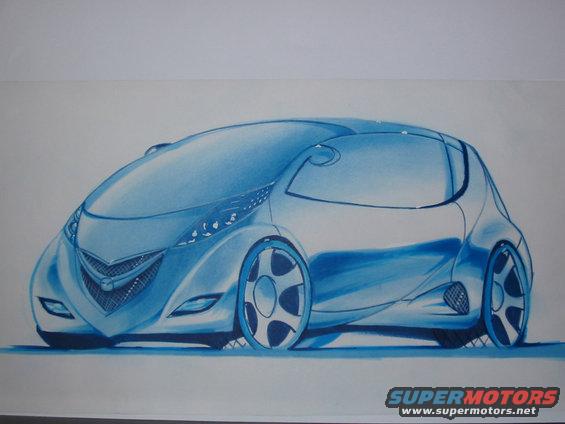 Blue concept car sketch, 3/4 front view