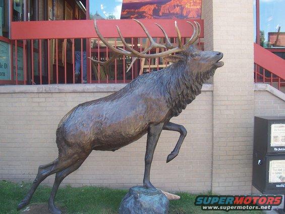 Bronze elk statue with large antlers on a rock base in front of a brick building with red trim