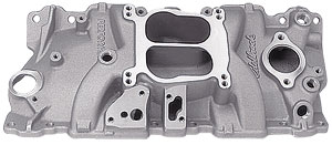 Aluminum intake manifold with 'Edelbrock' and 'Performer' text visible