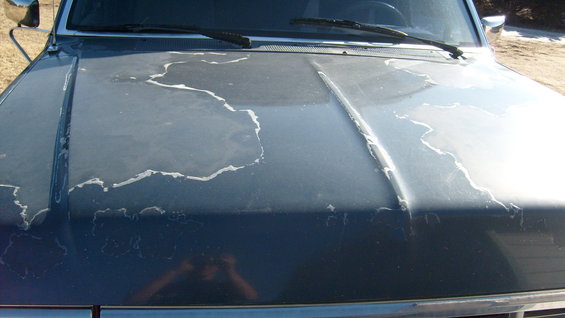 Blue truck hood with peeling paint