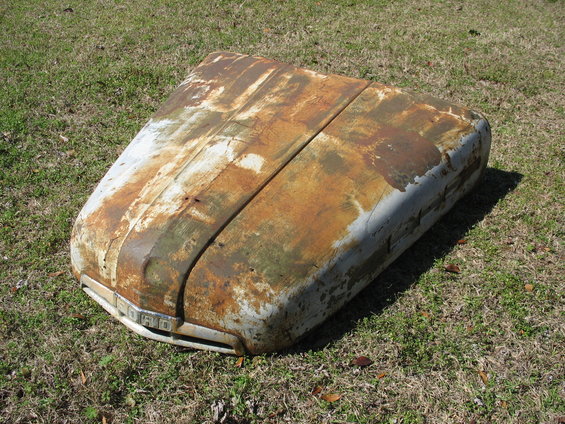Hood and grille from a 1940s Ford pickup, heavily rusted