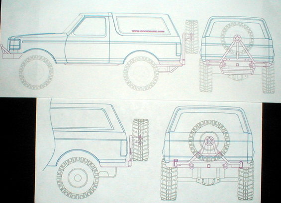 Blueprints show side, rear, and 3/4 front views of a Ford Bronco with a spare tire mount