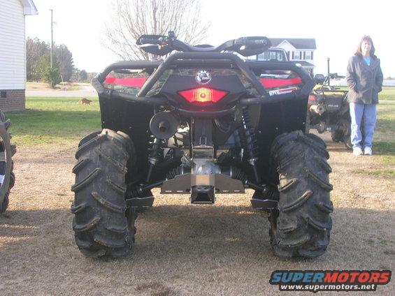 Rear view of a camouflage ATV with large tires