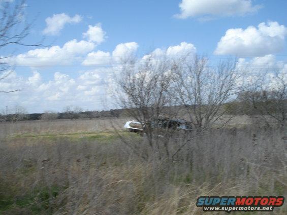 White and black bus with dark tinted windows, seen from the side in a dry, grassy field