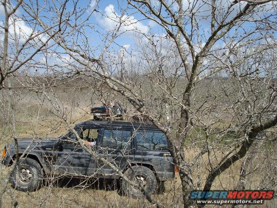 Black SUV with roof rack driving through trees, another vehicle behind