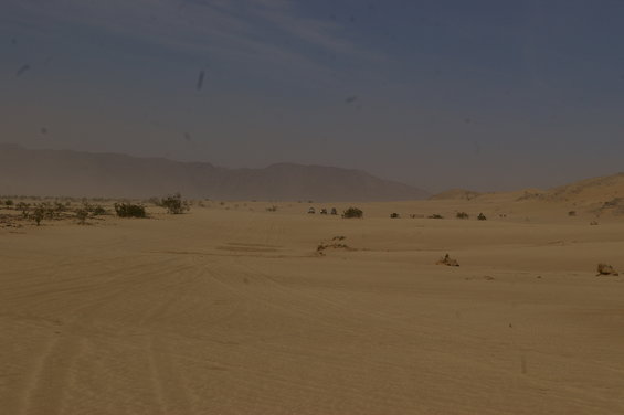Desert landscape with several off-road vehicles driving in the distance
