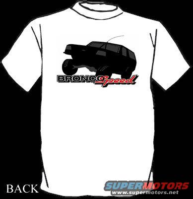 White t-shirt with a black graphic of a Bronco Speed SUV