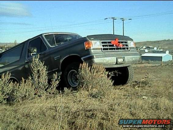 Ford Bronco parked on a grassy hill with a red bow on the grille