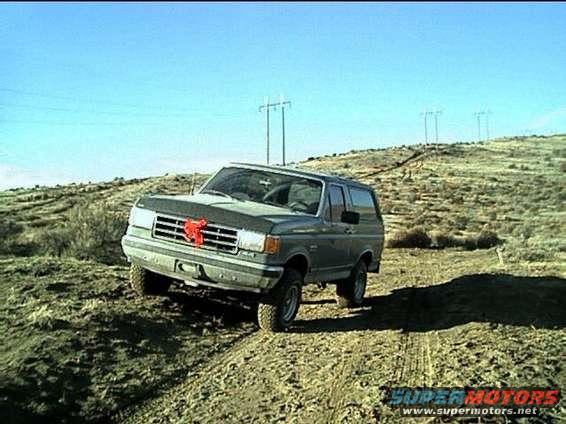 Gray SUV with red bow on grille, driving off-road