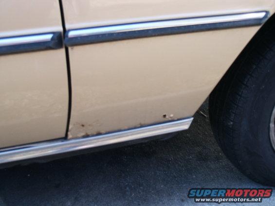 Tan car door with chrome trim and rust spots near the rocker panel, showing a portion of the tire