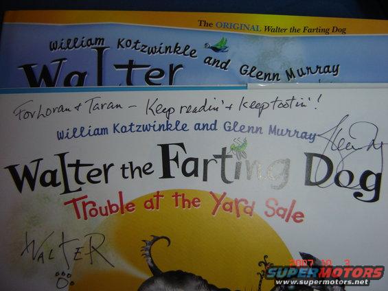 Two book covers, one titled 'Walter' and the other 'Walter the Farting Dog Trouble at the Yard Sale', with author signatures
