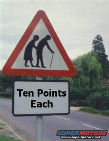 Road sign showing two elderly people walking, with a supplementary sign reading 'Ten Points Each'