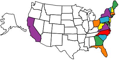 US map with Alaska, California, and several East Coast states colored
