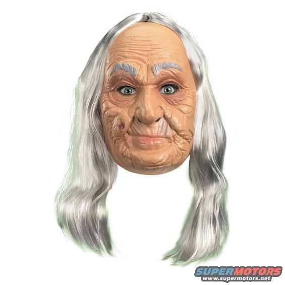 old woman's mask with gray hair and wrinkled skin