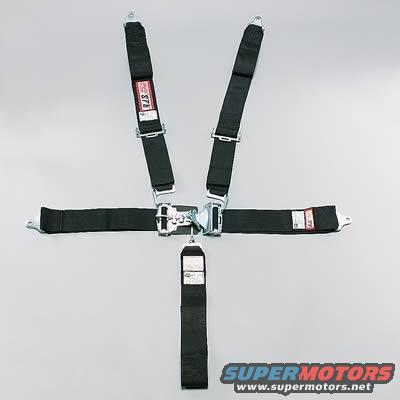 Black racing harness with red labels and silver buckle