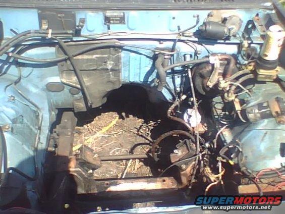 Engine bay with some parts removed, showing wiring and hoses