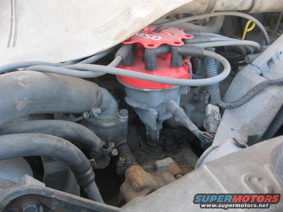 MSD red distributor cap with spark plug wires connected. Text on hose reads 'MOTORCRAFT'