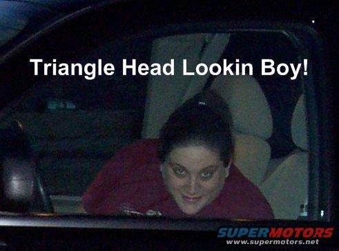Person with text 'Triangle Head Lookin Boy!' overlaid on image, inside a car. Supermotors.net logo visible