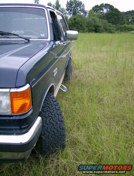 Dark blue Ford Bronco parked in a grassy field, side view showing front fender and tire