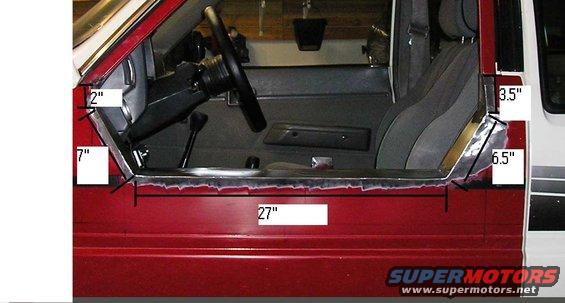 Interior door frame with measurements marked on it. Shows seat and steering wheel