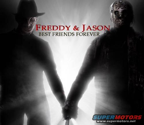 Freddy Krueger and Jason Voorhees holding hands, with text 'FREDDY & JASON BEST FRIENDS FOREVER'. Supermotors.net logo at bottom right
