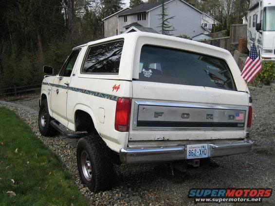 White 1980 Ford Bronco rear view with 4x4 decal and Washington license plate