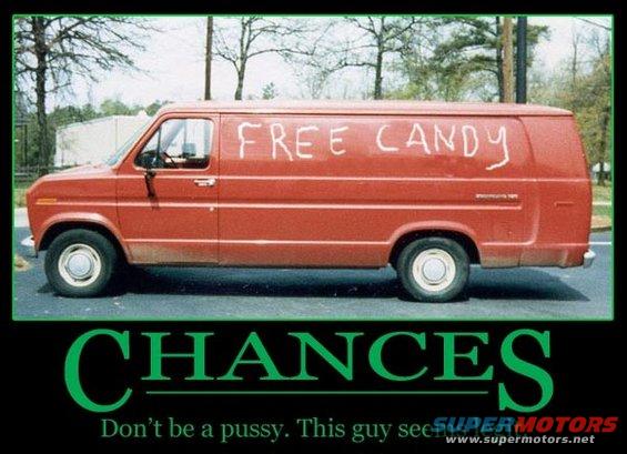 Red van with "FREE CANDY" spray-painted on its side