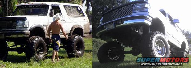 Two lifted Ford Broncos, one white with a man standing next to it, the other silver