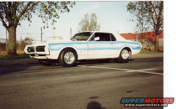 1968 Mercury Cougar drag car, white with blue stripe, hood scoop, drag slicks