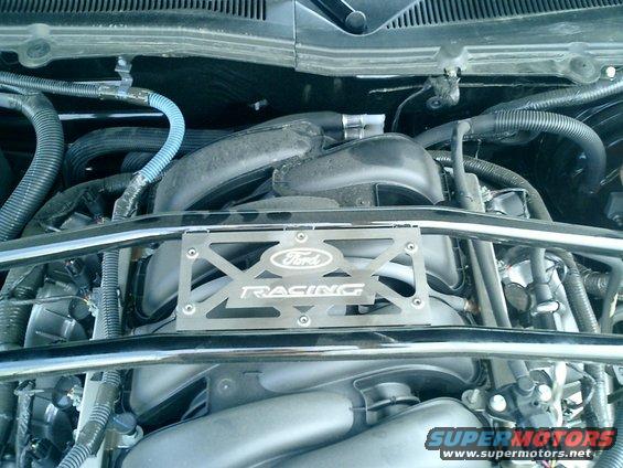 Engine bay with Ford Racing plate, black hoses, and silver intake manifold