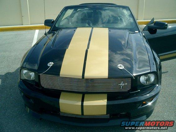 Black convertible Mustang with gold racing stripes, front view. Has a chrome grille with a horse emblem