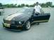2006 Ford Mustang - A black 2006 Ford Mustang with gold racing stripes is parked in a lot with the driver's door open.