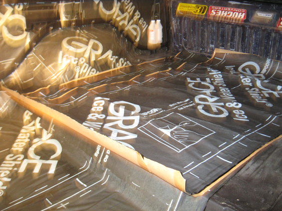Truck bed interior lined with Grace Ice & Water Shield waterproofing material