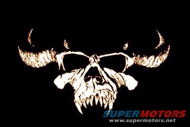 Skull graphic with horns and fangs, Supermotors.net logo