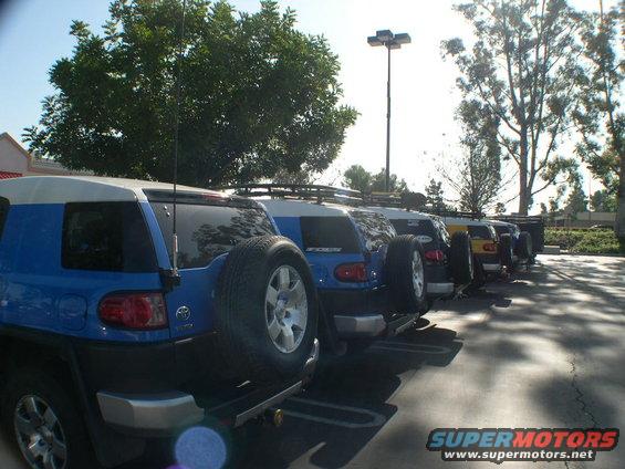 Several blue and white Toyota FJ Cruisers parked in a lot