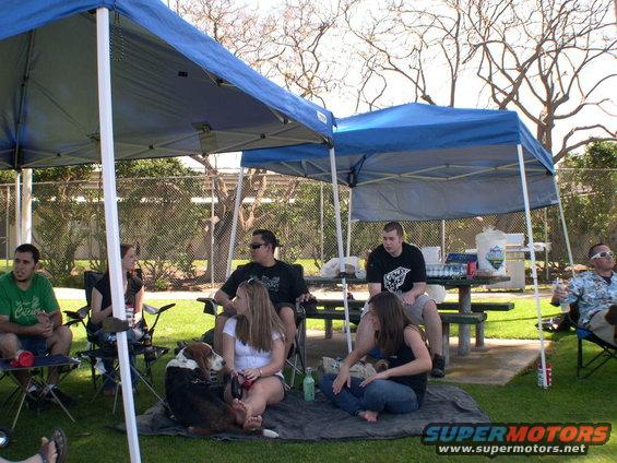 People sitting under blue tents at an outdoor event. A dog is on the blanket with them