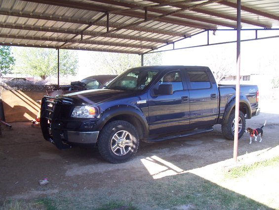 dark blue pickup truck parked under a metal roofed shelter, a small dog stands nearby