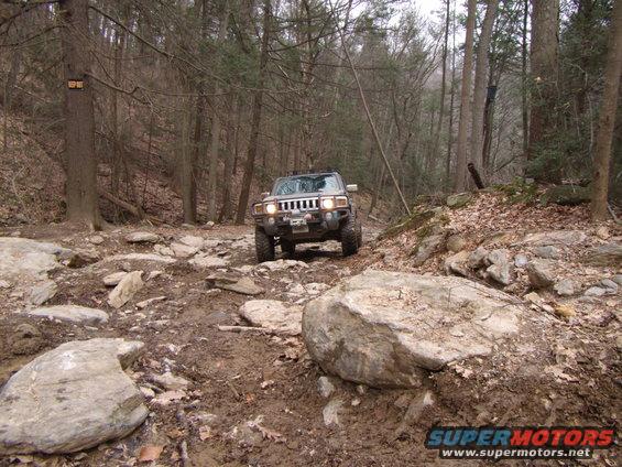 Hummer H3 driving on a muddy, rocky trail through a forest