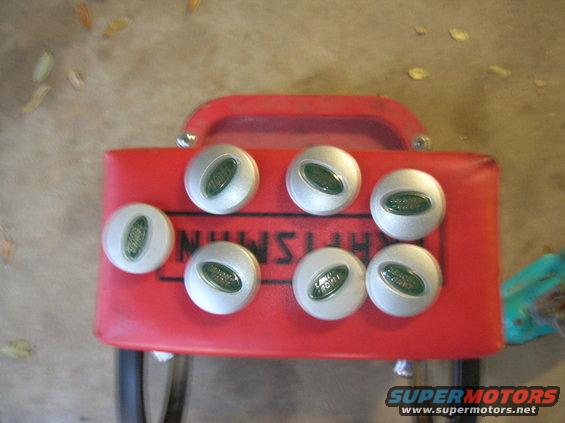 Seven Land Rover center caps on a red Craftsman toolbox