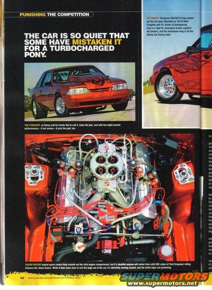 Red 1990 Ford Mustang with a scooped hood, front 3/4 view, showing custom engine bay