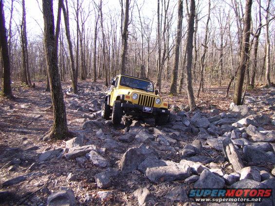 Yellow 2003 Jeep Wrangler navigating a rocky off-road trail in a wooded area