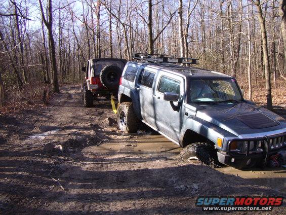 Hummer H3 and Jeep Wrangler stuck in mud on a wooded trail