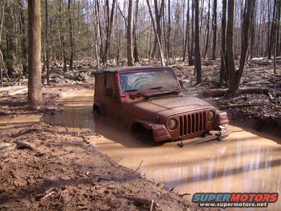 Red Jeep Wrangler stuck in a muddy ditch in a forest